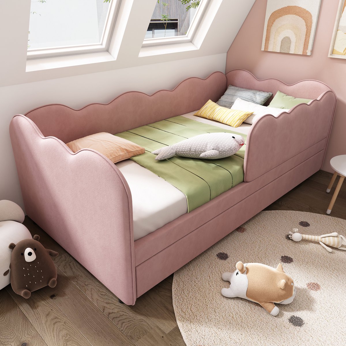 WUVRIE Slaapbank 90x190 cm met uitschuifbed en lattenbodems, roze fluweel