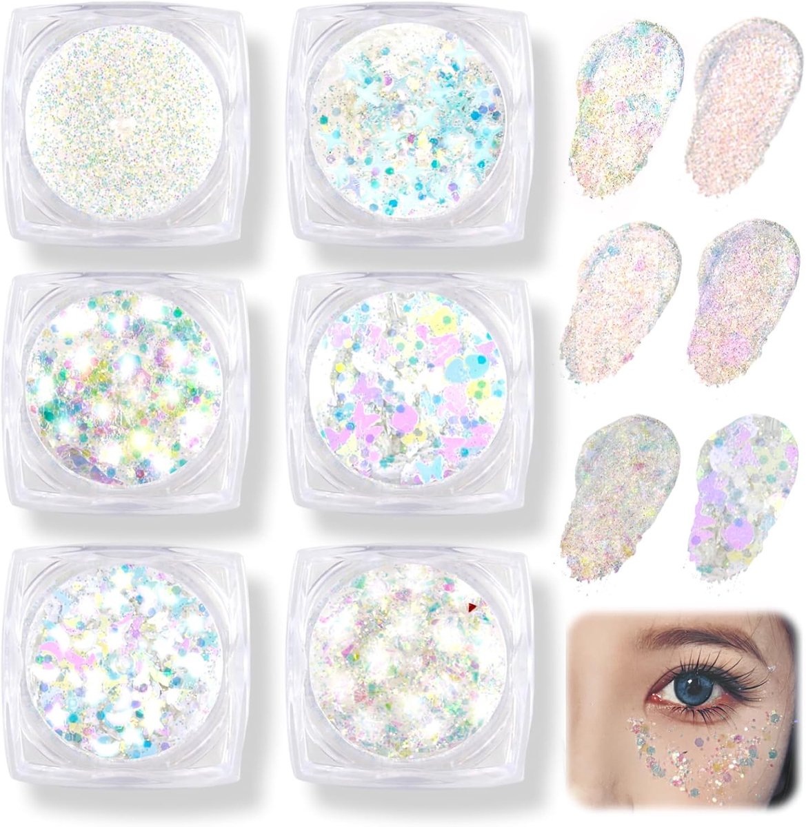 Set van 6 Transparante Glittergels voor Gezicht en Lichaam - Shiny Sequins voor Make-up, Carnaval en Feestjes voor Kinderen en Volwassenen