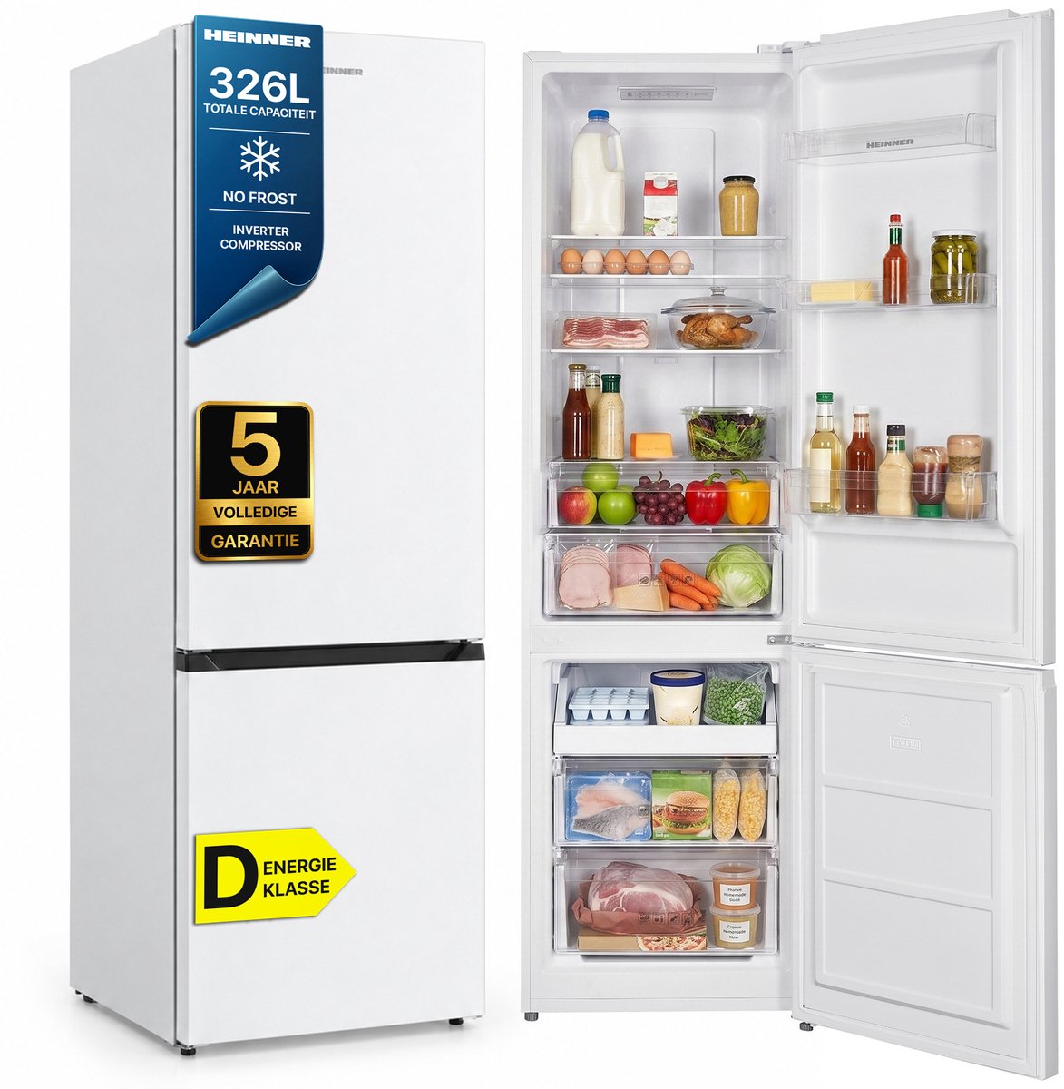 Heinner HCNF-HM326INVD Koel-vriescombinatie Wit 326 L – No Frost – Elektronische Bediening met Display – Supervriezen – Vrijstaand – 5 Jaar Garantie