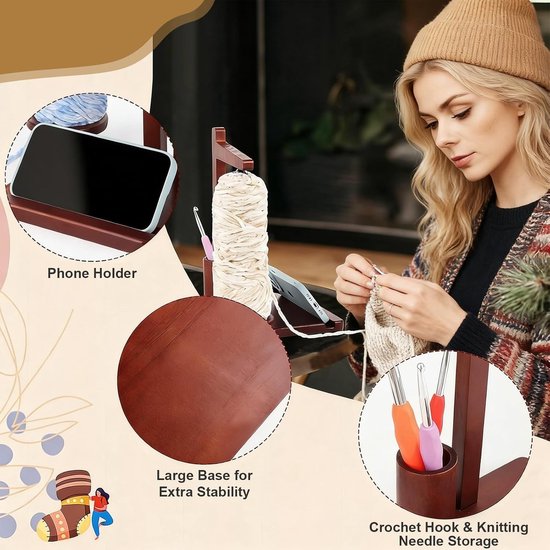 Multifunctionele Houten Spoel voor Wol met Telefoonhouder en Opbergruimte, Ideaal voor Breien en Reizen, Perfecte Accessoires voor Creatieve Projecten — afbeelding 3