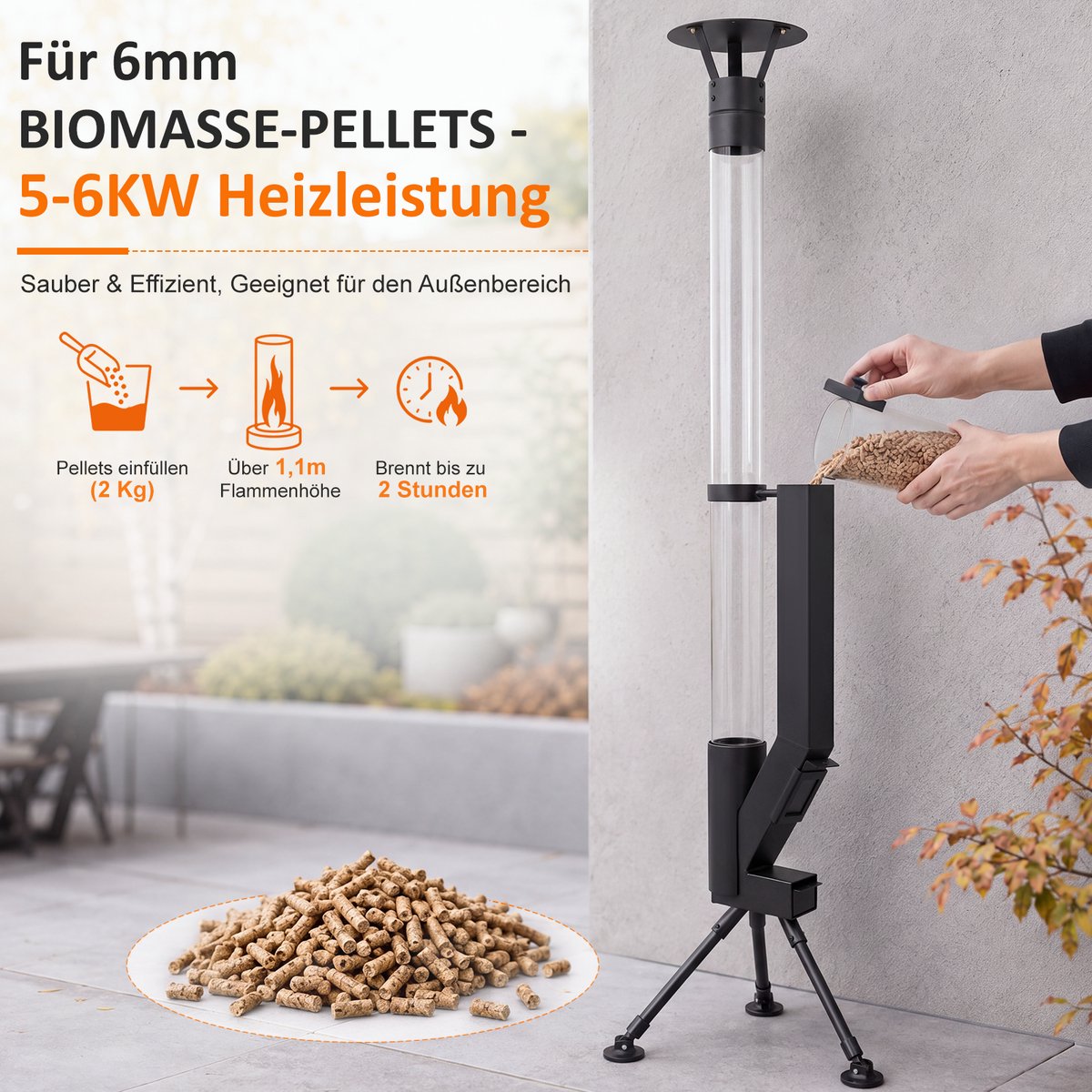 NETTLIFE Terrasverwarmer - 167 cm hoog - 5-6 kW hoog rendement - stabiele driepootvoet - grote capaciteit van 2 kg - brandtijd van 2 uur - geen elektriciteit/gas nodig - zwart - geschikt voor terrassen | veranda's | feesten & kamperen – foto 8