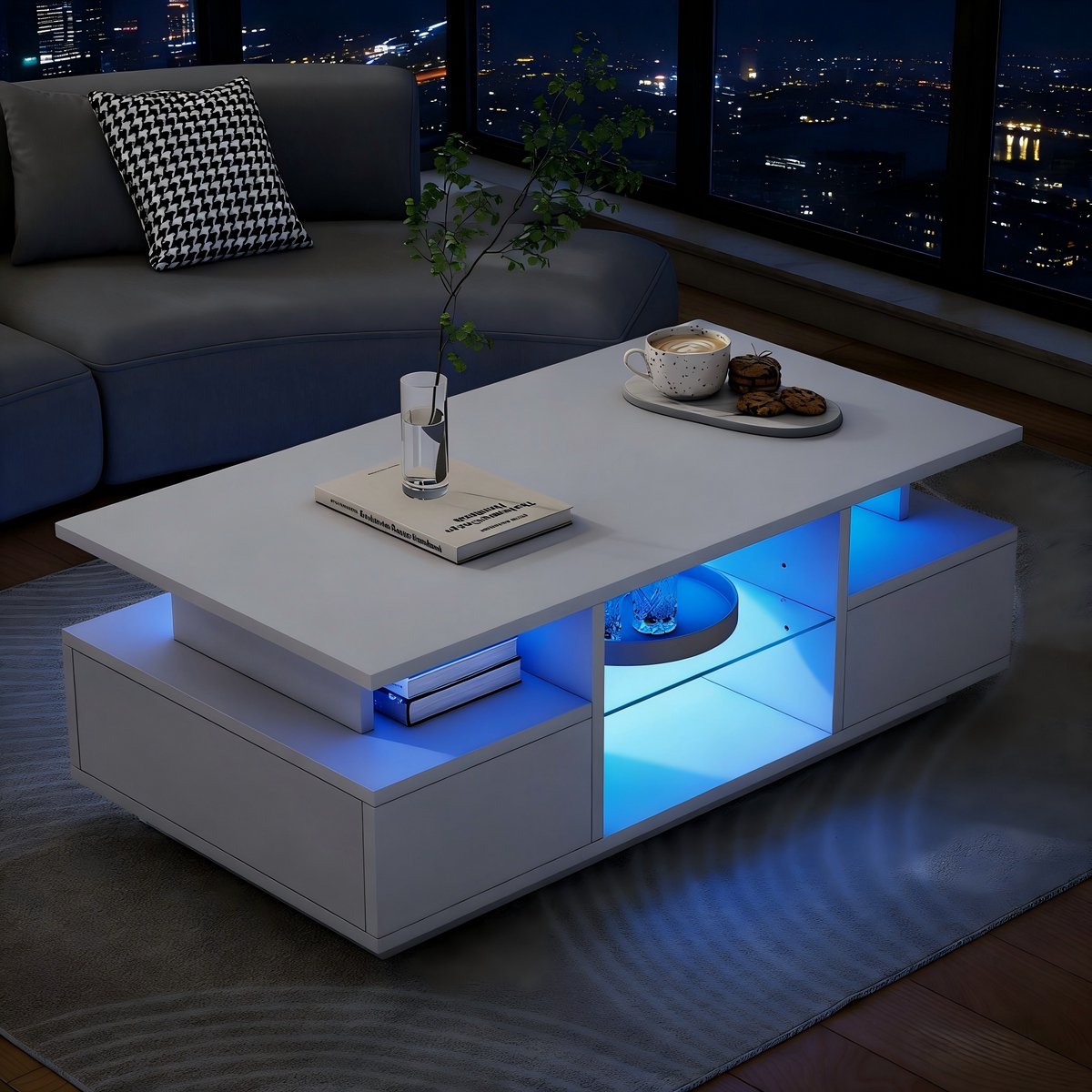 MUVANO Salontafel Wit Hoogglans - Moderne Woonkamertafel - Met LED Verlichting - 2 Lades en Glazen Plank - 100x50x36cm - App Bediening - Woonkamer Wit