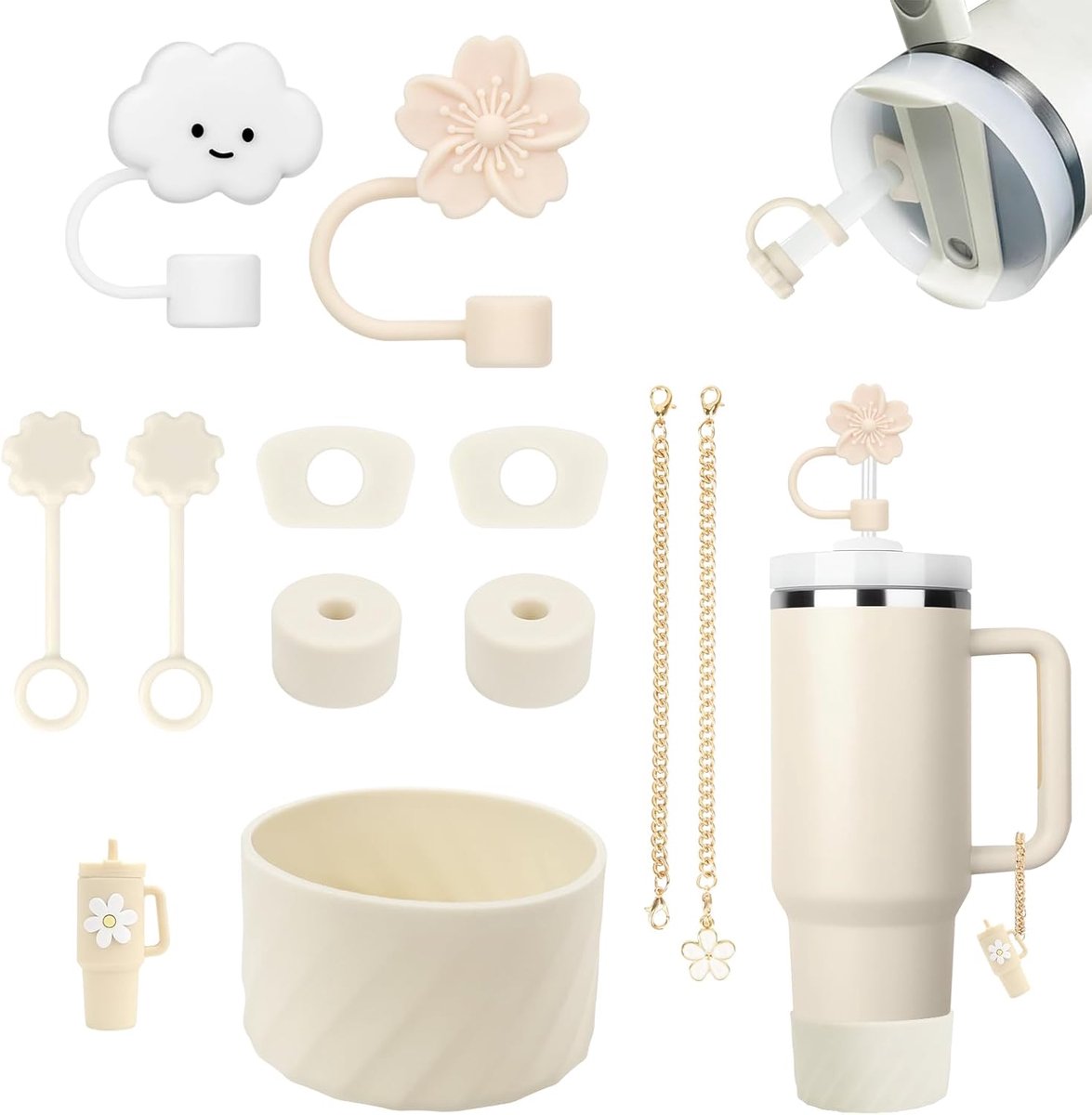Stanley Cup accessoires - Lekbescherming beker pakket - Rietjesafdekking met hangers - Siliconen bodembeschermer onderzijde - Herbruikbaar en afwasbaar - Elfdelige complete beschermset - Crème - Geschikt 850-1200 ml
