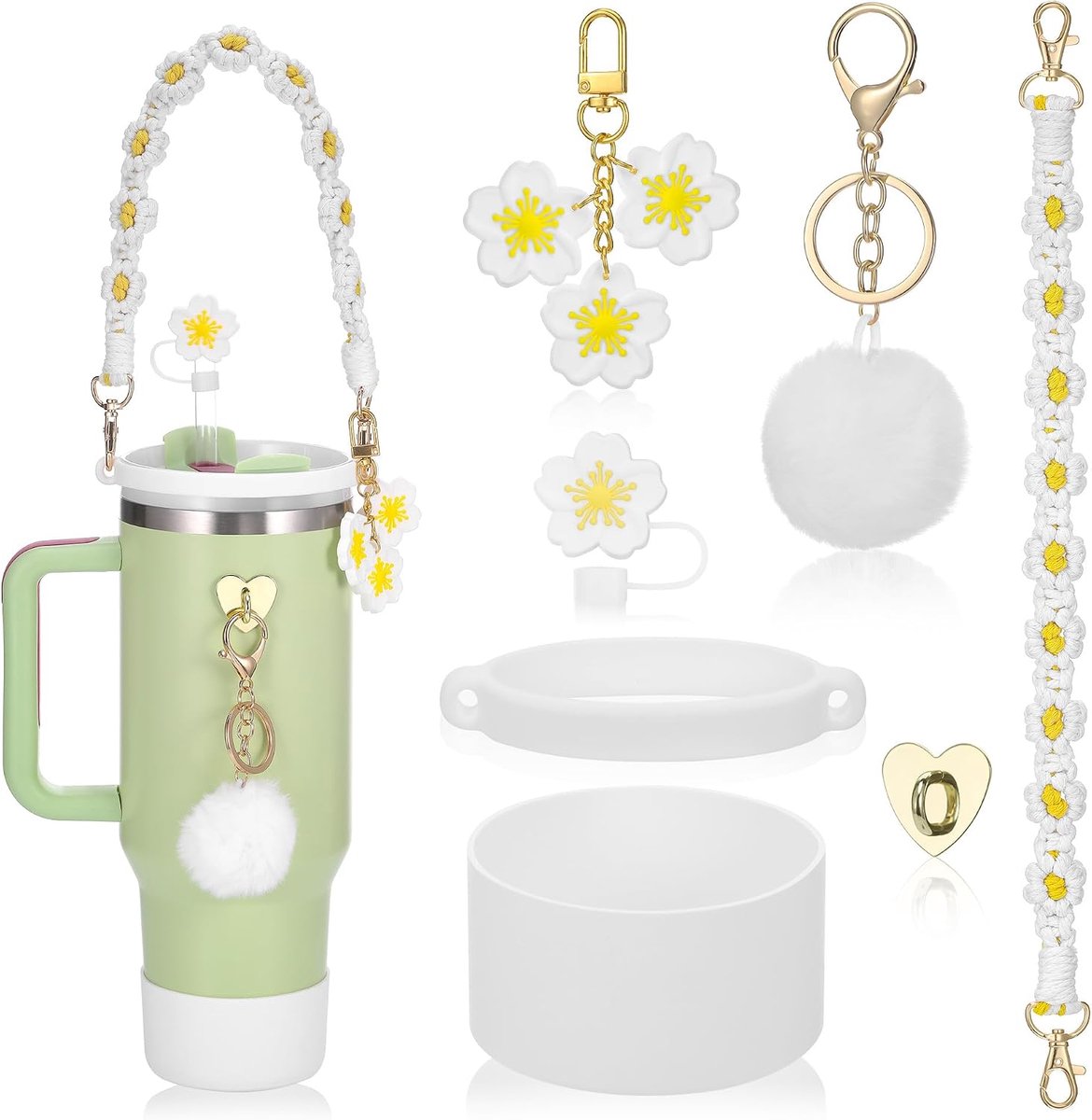 Stanley Cup accessoires - Beker accessoireset bloemen - Rietjesafdekking met hanger - Siliconen bodembeschermer onderzijde - Verstelbare draagriem inbegrepen - Decoratieve madelief details - Wit - Geschikt 800-1200 ml
