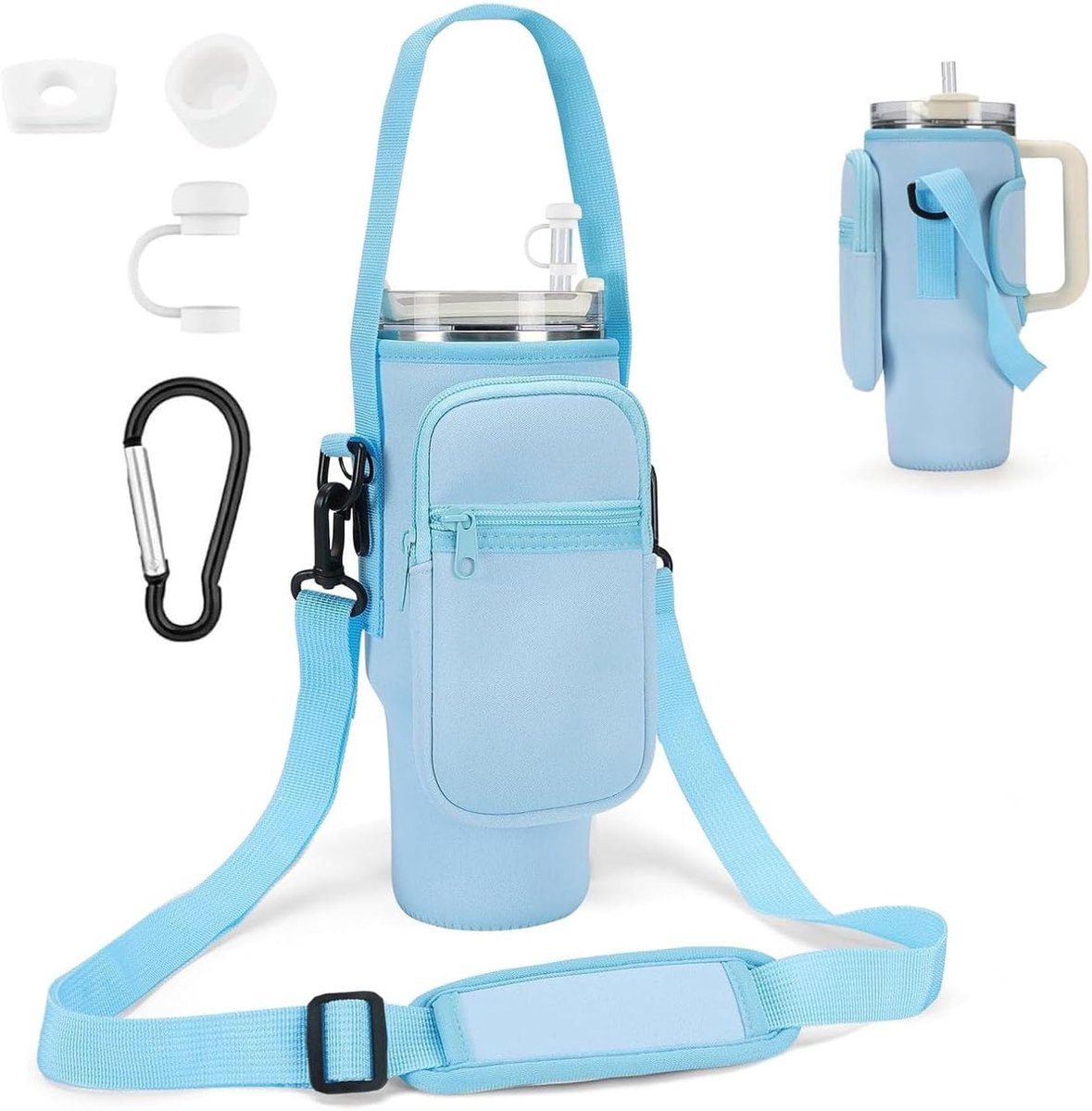 Stanley Cup tas - Waterfles draagtas - Bekerhouder met vak - Verstelbare schoudertas - Telefoonvak met rits - Inclusief karabijnhaak - Voor reizen sporten - Blauw - 1,2 liter - 40 oz