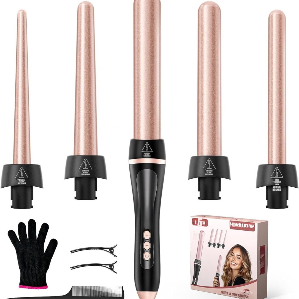 Levo® Professioneel en Automatische Krultang 5 in 1 - Krultangen - Krulborstel Roterend - Hair Curler - Airstyler - Multistyler - Rozegoud