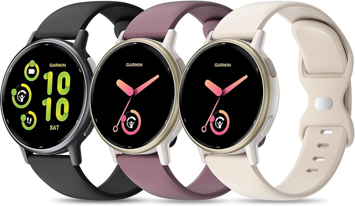 Garmin horlogeband 20mm - Drie reservebandjes - Siliconen sportarmband - Vivoactive 5 compatibel - Venu modellen geschikt - Verstelbare vlindergesp - Licht waterdicht materiaal - 3 stuks - Zwart/paars/creme - Pols 130-205 mm
