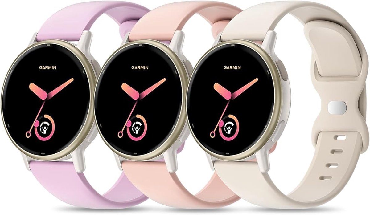 Garmin horlogeband 20mm - Drie reservebandjes - Siliconen sportarmband - Vivoactive 5 compatibel - Venu modellen geschikt - Verstelbare vlindergesp - Licht waterdicht materiaal - 3 stuks - Lila/roze/creme- Pols 130-205 mm