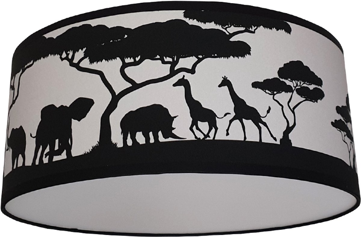 Plafondlamp safari silhouet grijs- Kinderkamer plafondlamp - Plafondlamp safari silhouet - Lamp voor aan het plafond - Dieren plafondlamp | Diameter 35cm x 15cm hoog | E27 fitting maximaal 40 watt | Excl. Lichtbron