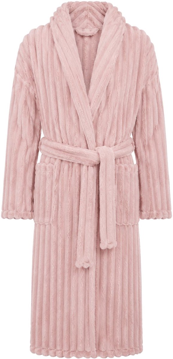 Badjas rib - badjas geribbelde teddy stof – Badjas Dames – Badjas Heren – Sjaalkraag – fleece - fluweelzacht – extreme luxe - Blush roze - S/M