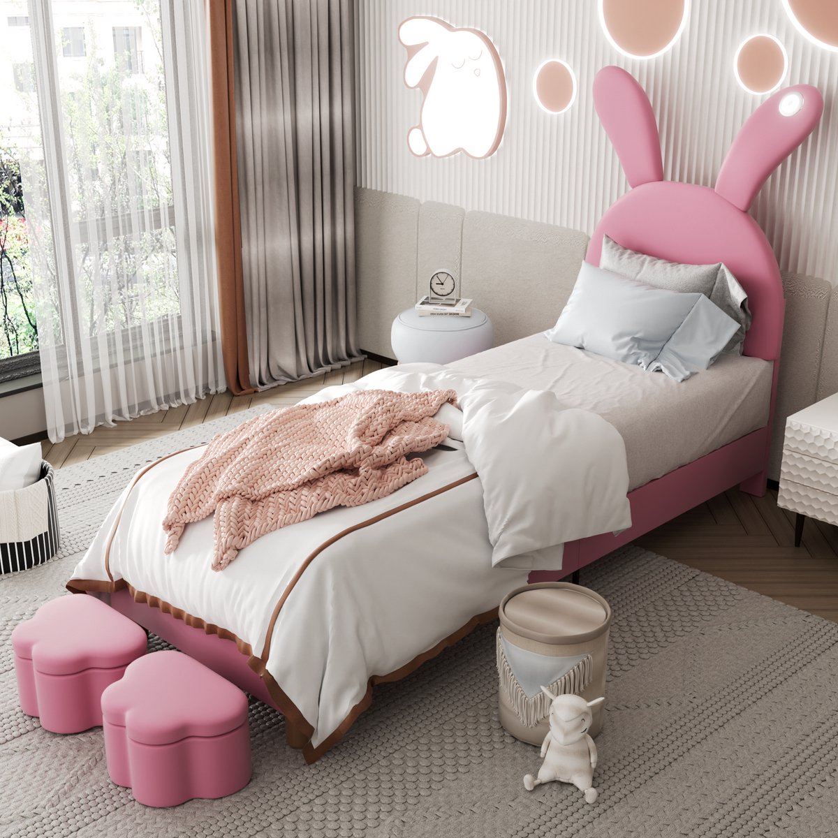 AURA LUMEN Gestoffeerd bed-Eenpersoonsbed-90 x 200 cm-Bed met opbergruimte-Bed met LED en USB-Rosa Roze