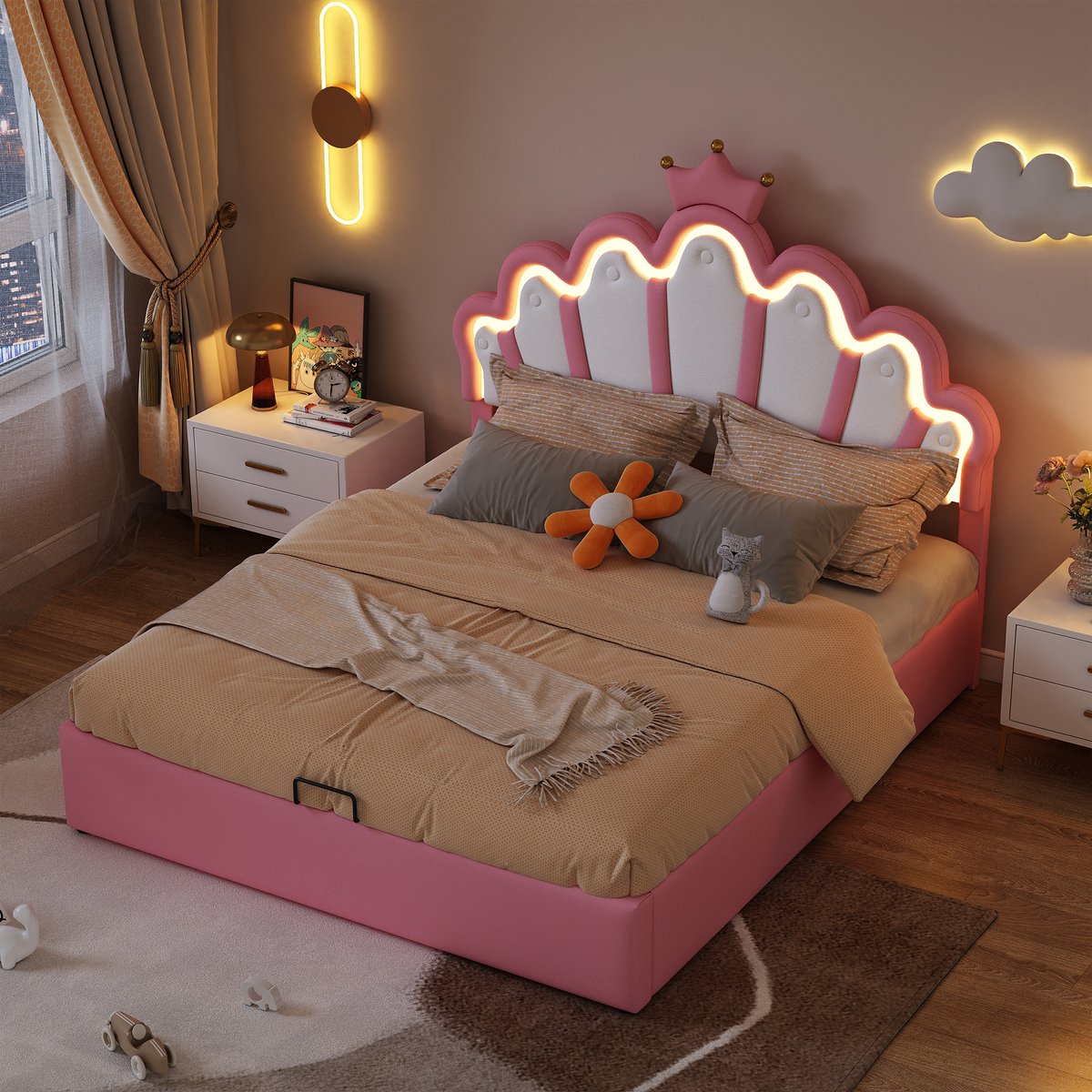 AURA LUMEN Gestoffeerd bed Twijfelaarbed 140x200 cm met LED-omgevingsverlichting en opbergruimte Rosa Roze
