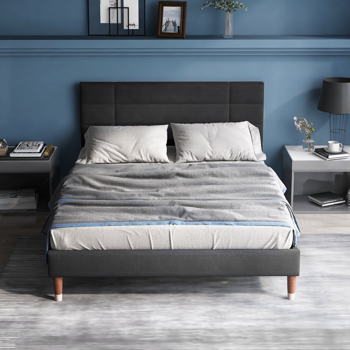AURA LUMEN Gestoffeerd bed-Twijfelaarbed-140x200 cm-Bed met opbergruimte-Bed met hoofdbord-Dunkelgrau Grijs