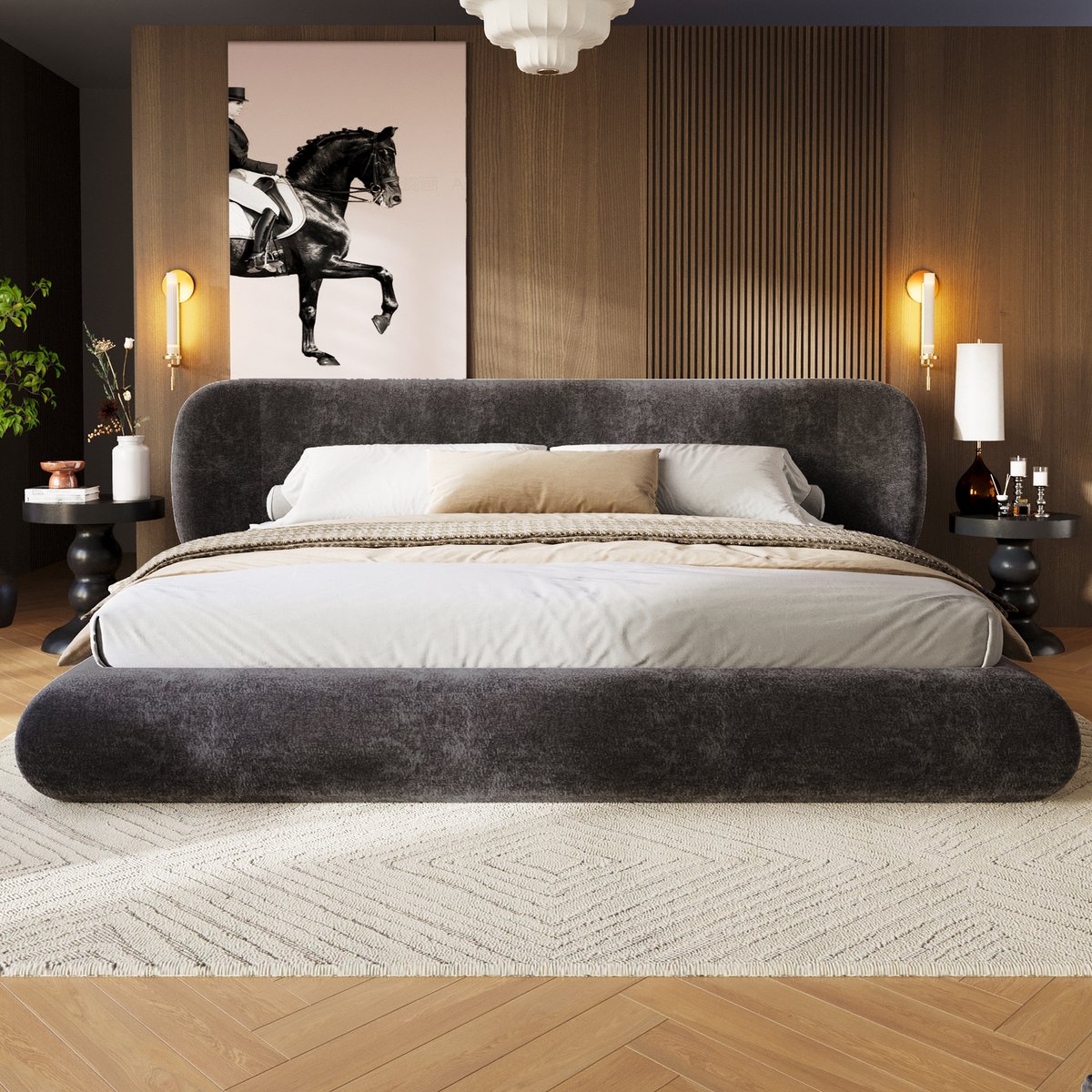 AURA LUMEN Gestoffeerd bed-Twijfelaarbed-140 x 200 cm-Met kopfboard-Met opbergruimte-Grijs