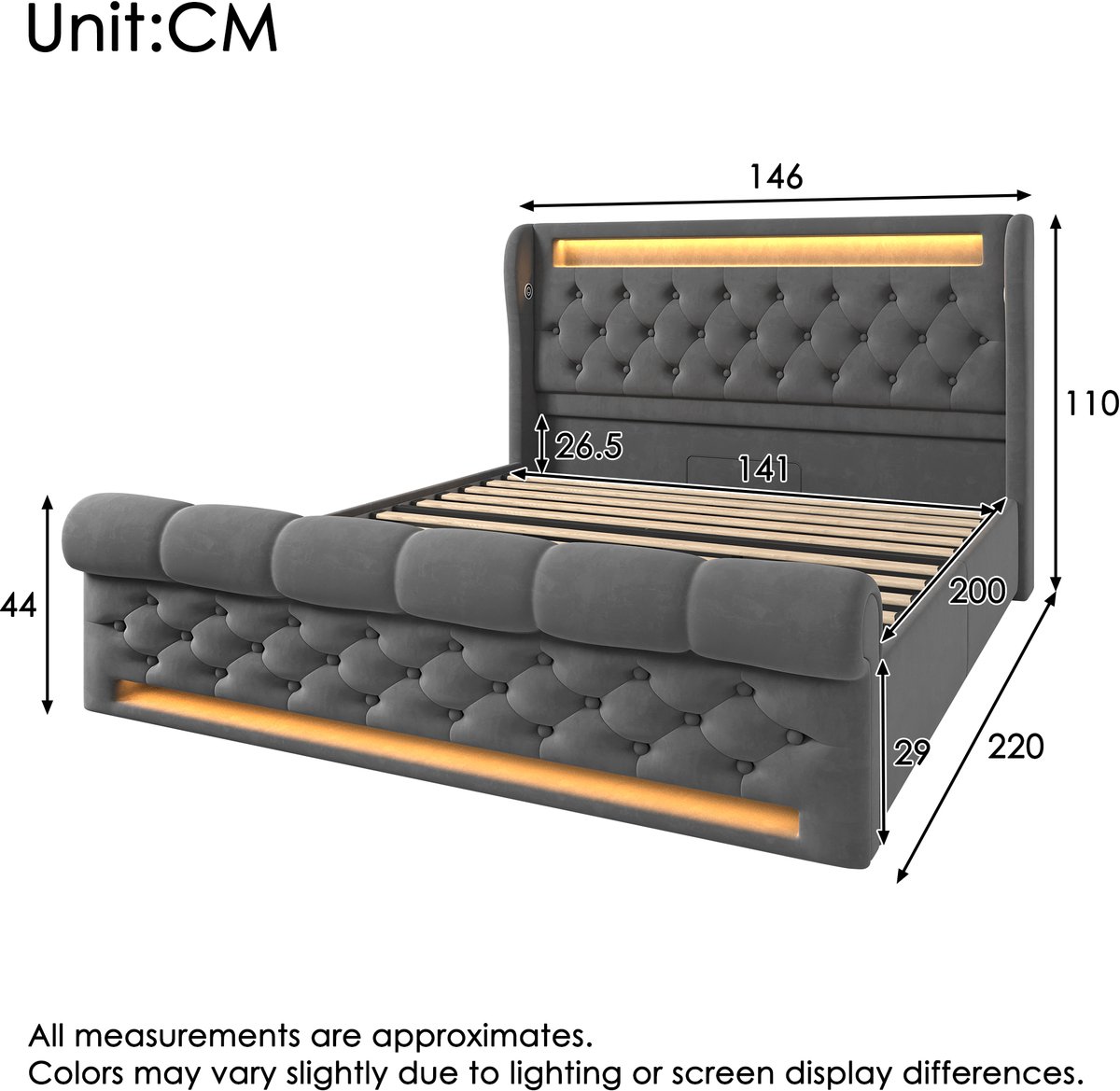 AURA LUMEN Gestoffeerd bed-Twijfelaarbed-140x200-cm-Hydraulisch-Stauraum-LED-USB-Type-C-Grijs-Velvet