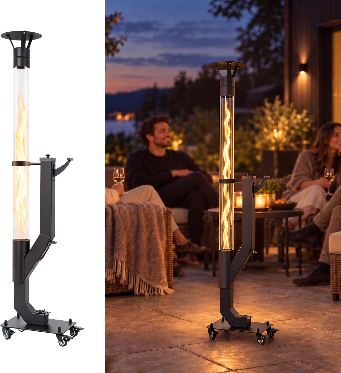NETTLIFE Terrasverwarmer - 167 cm - 5-6 kW hoogrendementsverwarming - grote capaciteit van 2 kg - brandduur2 uur - met 4 wielen voor eenvoudige verplaatsing - geen elektriciteit/gas nodig-Zwart.-Geschikt voor terrassen|patio's| restaurants en feesten