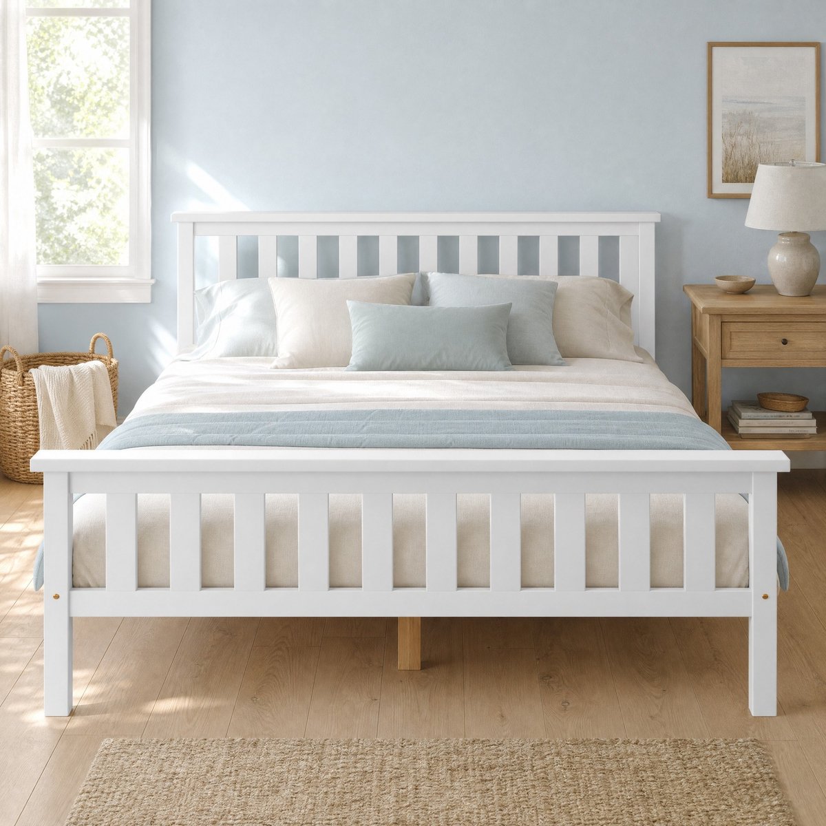 WUVRIE Tweepersoons bedframe 140x200 cm met lattenbodem en ruimte onder het bed, wit