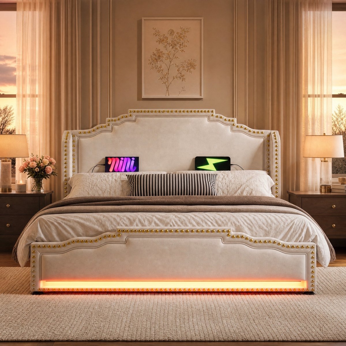 WUVRIE Gestoffeerd tweepersoonsbed 160x200 cm met 4 lades, LED en USB-C, beige