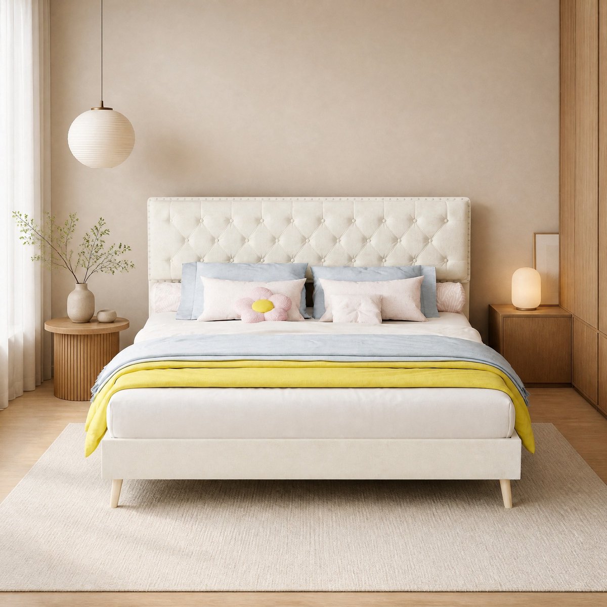 WUVRIE Gestoffeerd bedframe 160x200 cm met hoog hoofdbord, lattenbodem en opbergruimte, beige