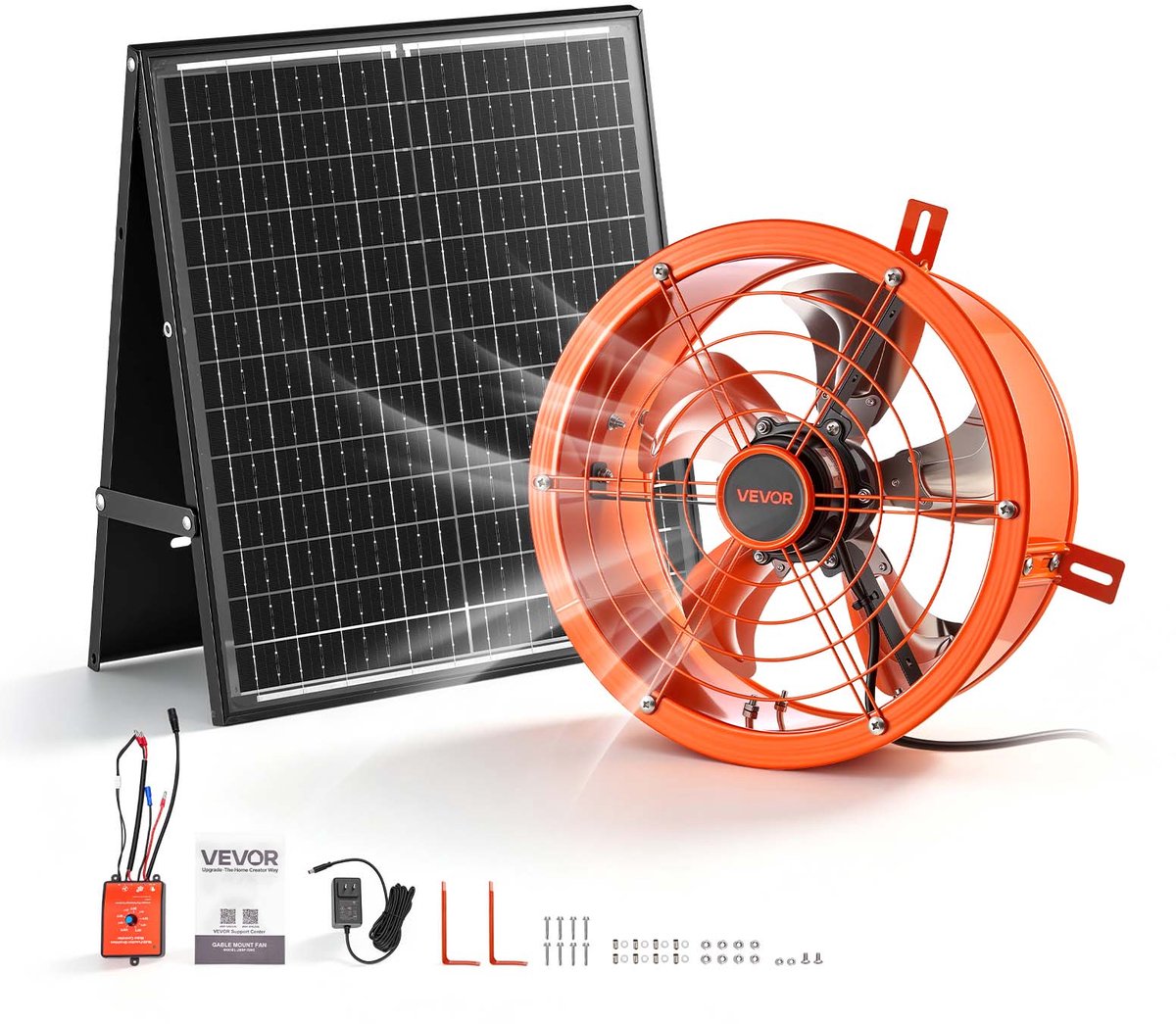 VEVOR Gevelventilator 30,5 cm, Zolderventilator op Zonne-Energie, 1529,1 m³/U, Oranje, 3-in-1 Ventilatie, Koeling en Ontvochtiging voor Zolders, Kassen en Opslagruimtes, Stalen Behuizing, met Thermostaat en 35W Zonnepaneel
