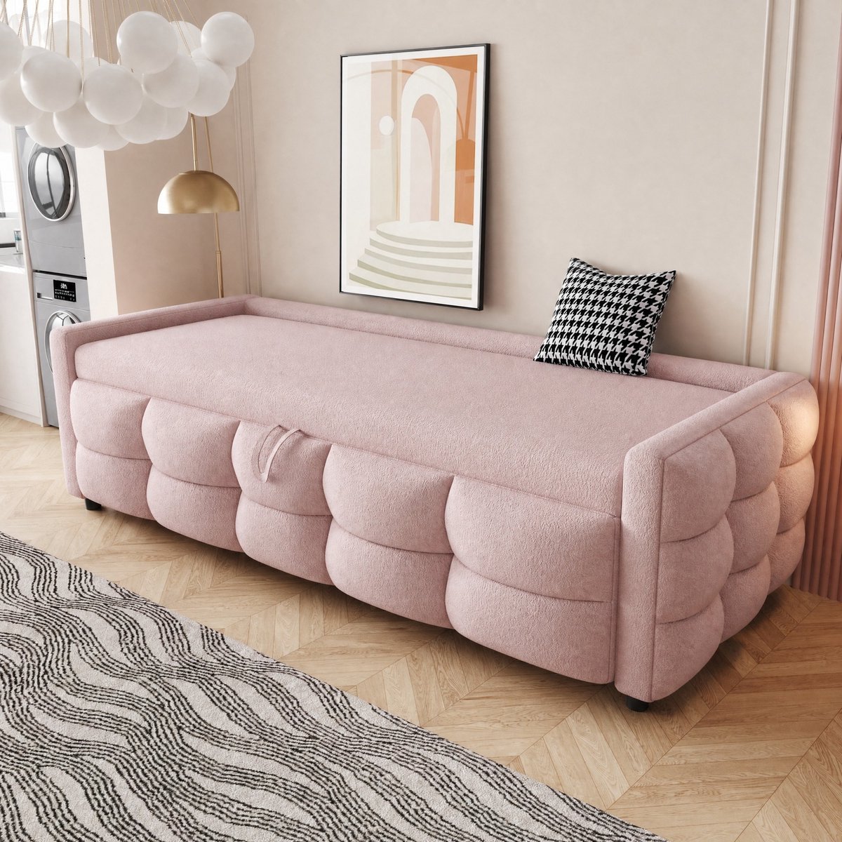 WUVRIE Uitrekbare slaapbank 90/180x190 cm met lattenbodem in teddyfluweel, roze, zonder matras