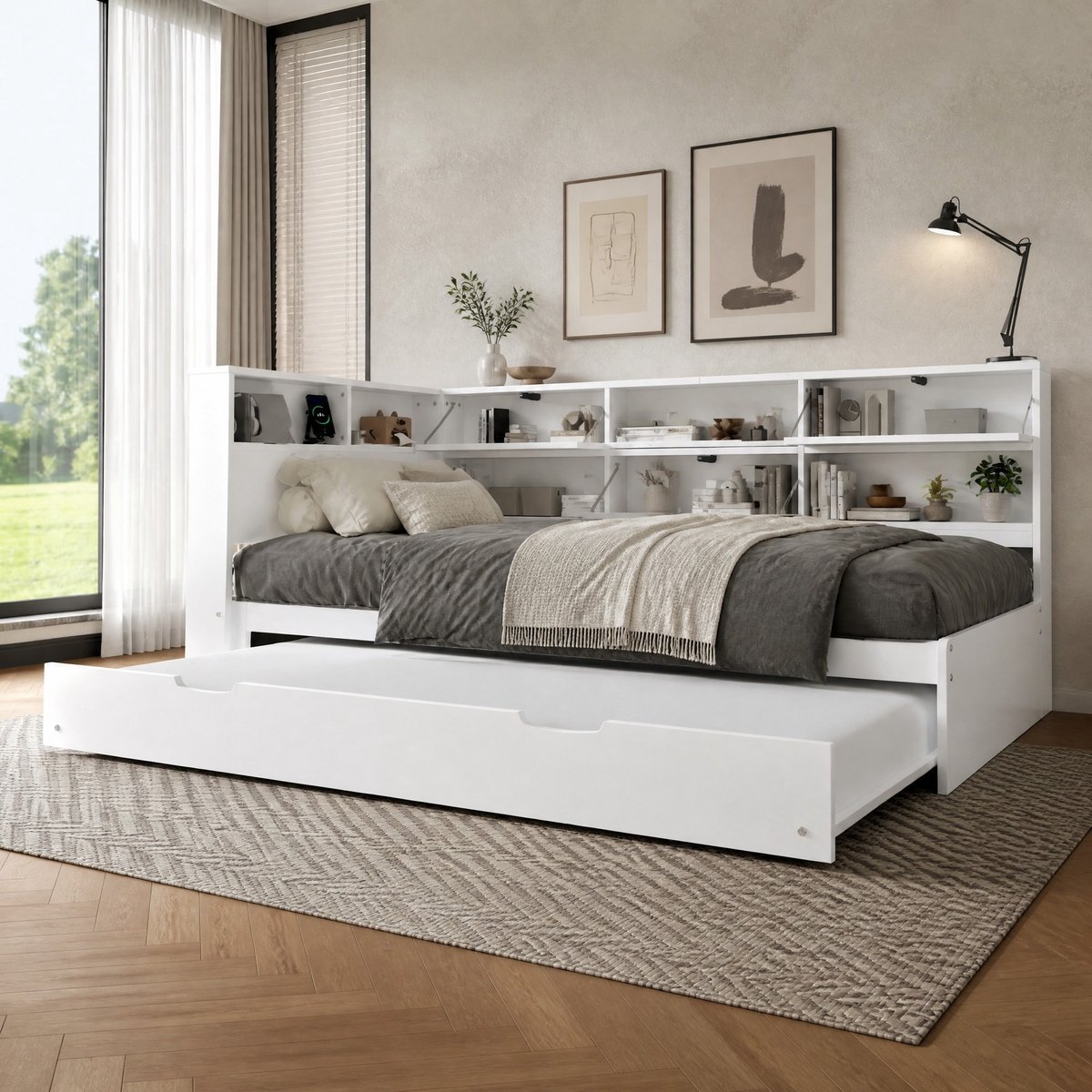 WUVRIE Slaapbank 90x200 cm met uitschuifbed, hoofdopberging en USB- en Type-C-aansluiting, wit