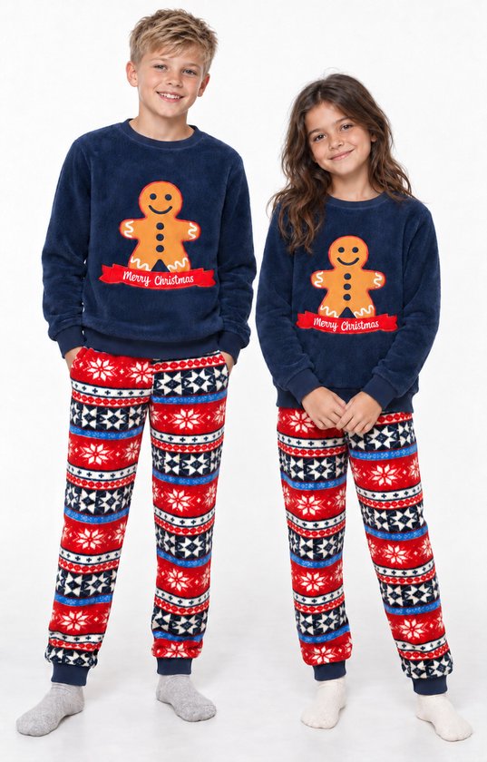 Kerst Lounge Set Donkerblauw Maat 134 140 - Pyjama Huispak Trainingspak Joggingpak - Kinderen - Jongens & Meisjes - Foute Kersttrui + kerstbroek