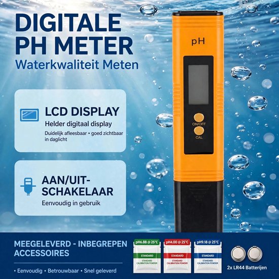 Oranje digitale pH-meter met zwart display en knoppen, met water en bubbels.