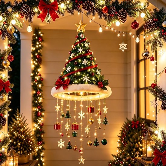 Hangende kerstboomdecoratie met lichten, sterren, cadeautjes, kerstbomen, en sneeuwvlokken, opgehangen aan een feestelijk versierde veranda.