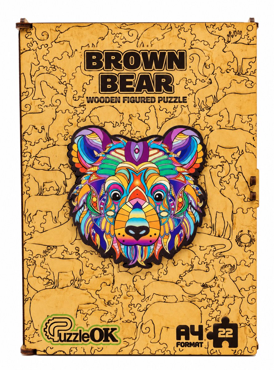 PuzzleOk Brown Bear – Houten Legpuzzel – A4 – 22 Stukjes – Houten Bewaardoos