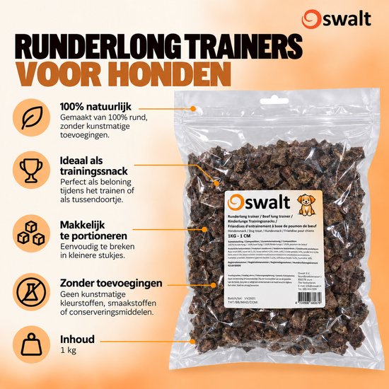 Oswalt verpakking met 1 kg rundvlees long trainers voor honden, met tekst in het Nederlands.