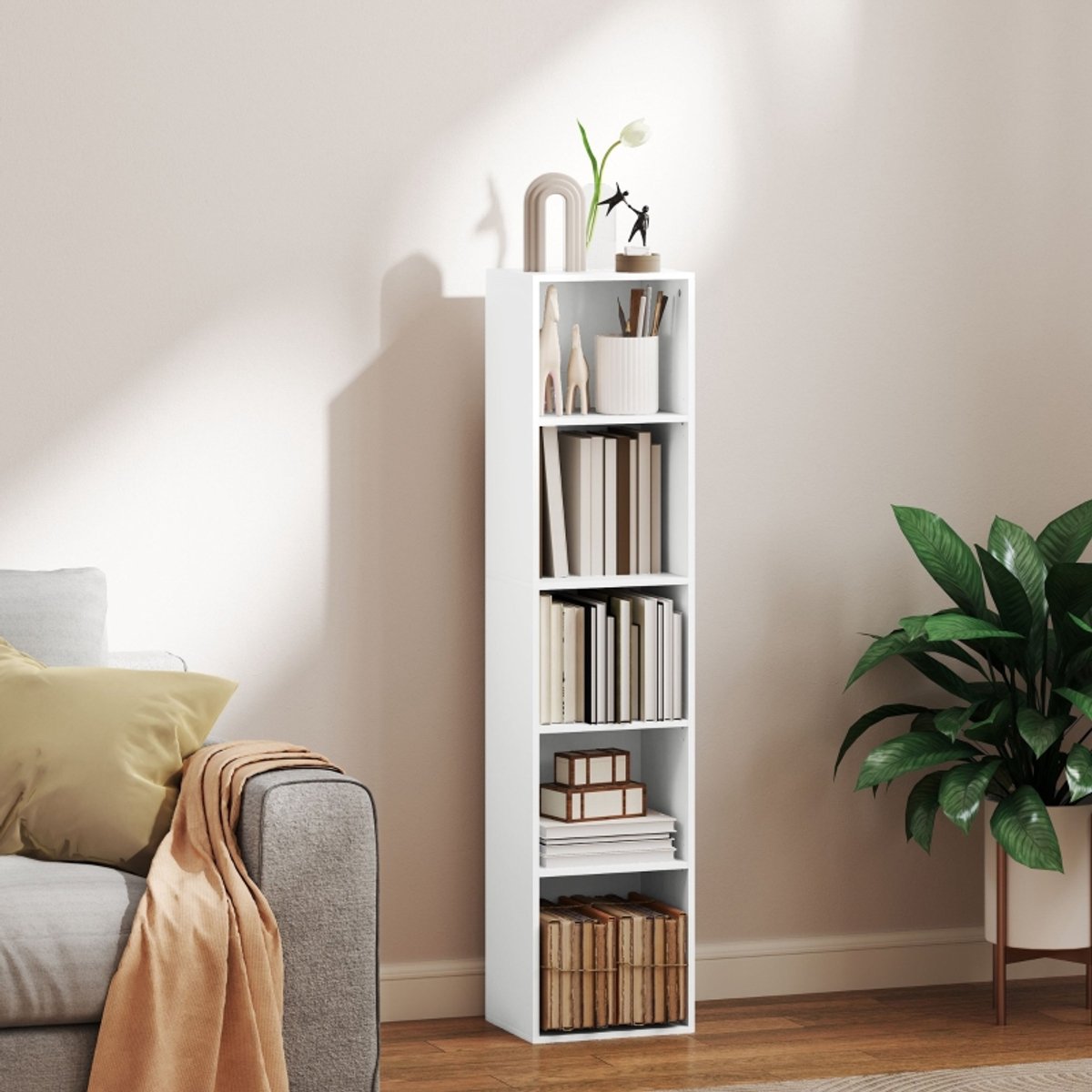 DESMIU Boekenkast - 30 x 24 x 133,5 cm - Verstelbare Planken - Spaanplaat - Wit - Open Opbergruimte voor Woonkamer en Hal