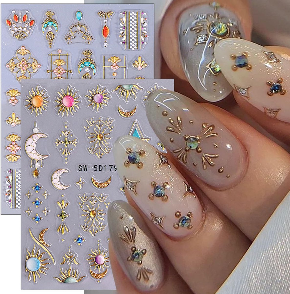 SnelShoppen - Nagelstickers Boheemse Stijl - 5D Reliëf Sterren en Zon-Maan Nagelkunststickers - Zelfklevend - 2 Vellen Bohemian Nageldesigns voor Vrou