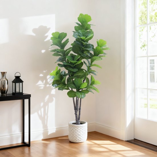 Kunstmatige Fiddle Leaf Fig Boom 213 cm – 7 ft – Meerstammig – Met Witte Pot & Sierkiezels – Realistische Zijden Bladeren – Onderhoudsvrij – Voor Woonkamer, Kantoor, Hal & Entree
