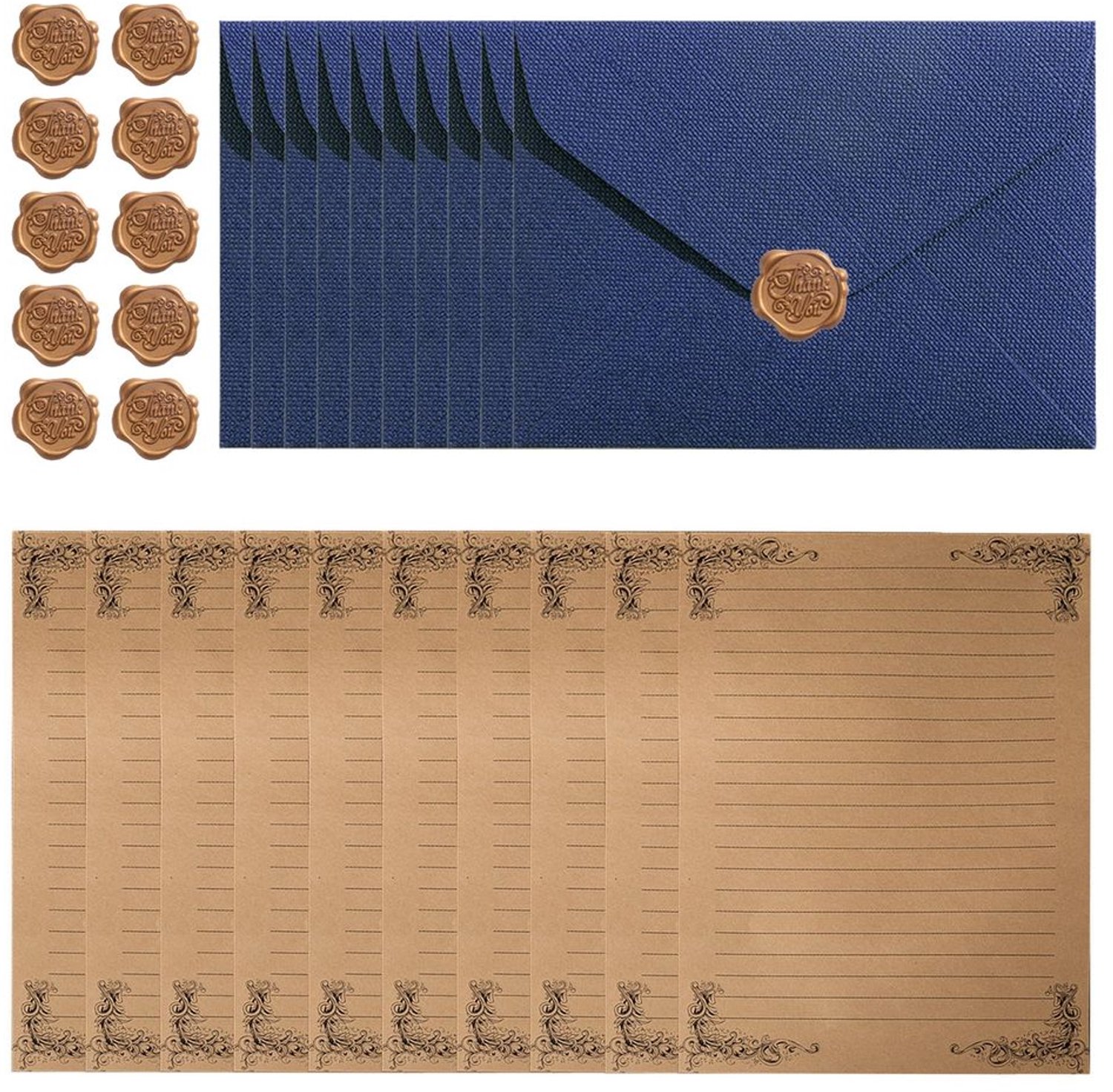 Briefpapier Set - 10 Vel Briefpapier - 10 Enveloppen - 10 Waszegelstickers - Vintage - Papier - Afmetingen Zie Afbeelding - Schrijfwaren