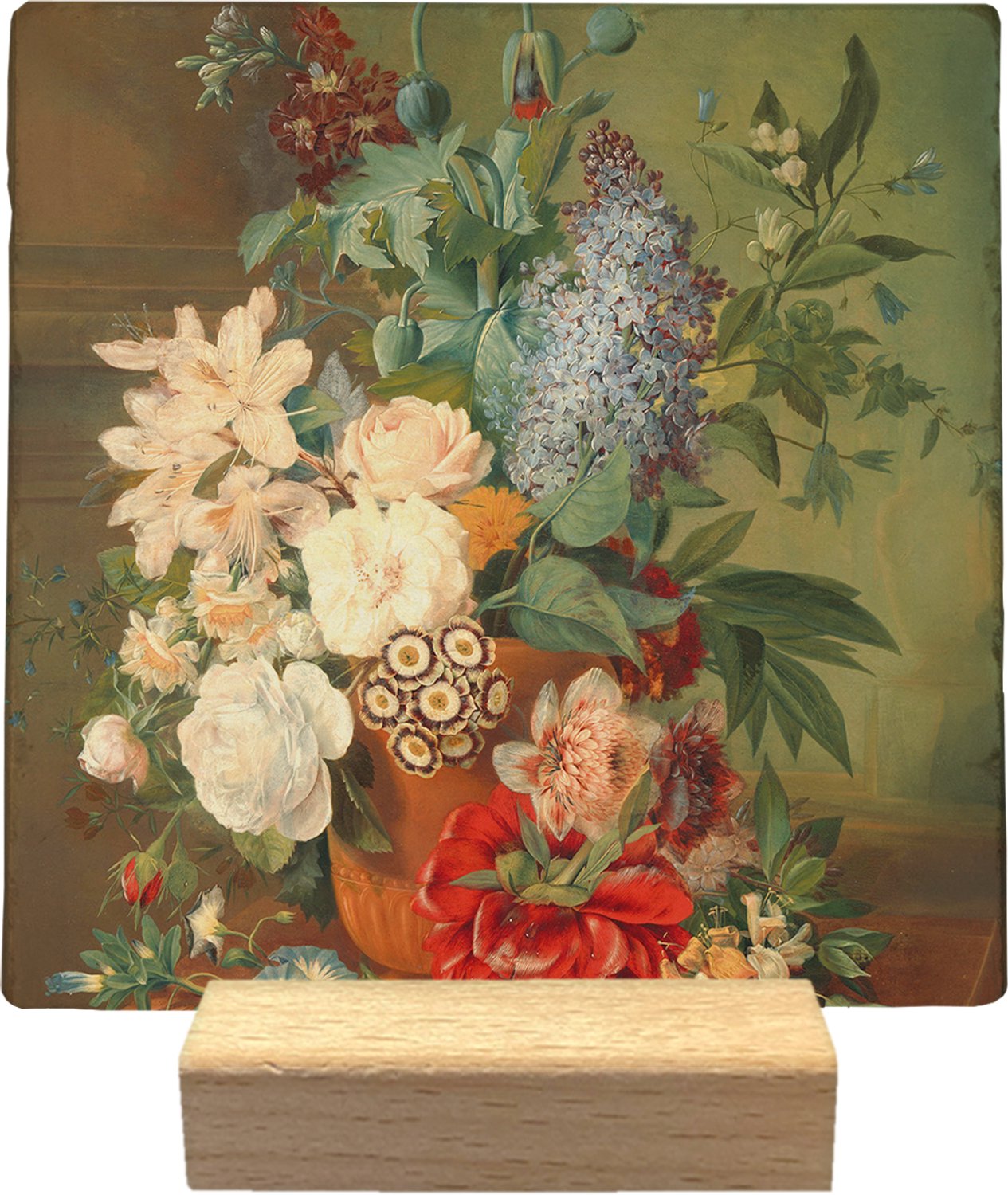 Artige Decoratie tegel - Vaas met bloemen - natuursteen - 10x10 cm - inclusief houder Groen