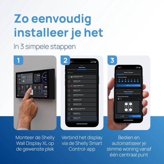 Installatie in 3 stappen: montage, verbinden via Shelly Smart Control-app en instellen van automatiseringen.