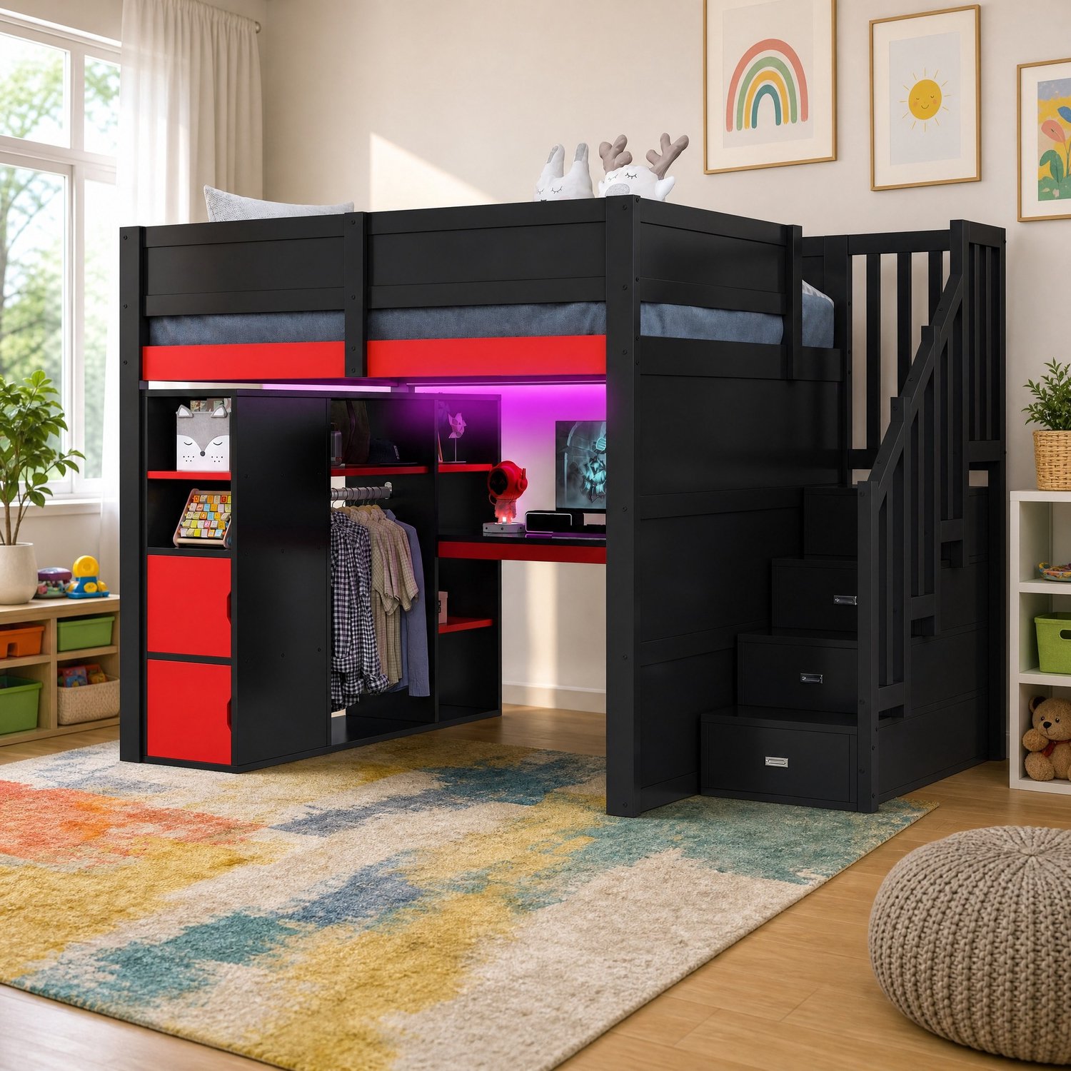 WUVRIE Hoogslaper 140x200 cm - Met bureau, opbergtrap en LED-verlichting - Zwart/rood Zwart en rood