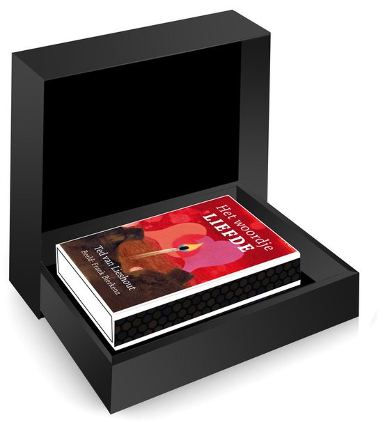 Het boek Het woordje LIEFDE in een open zwarte luxe geschenkdoos.