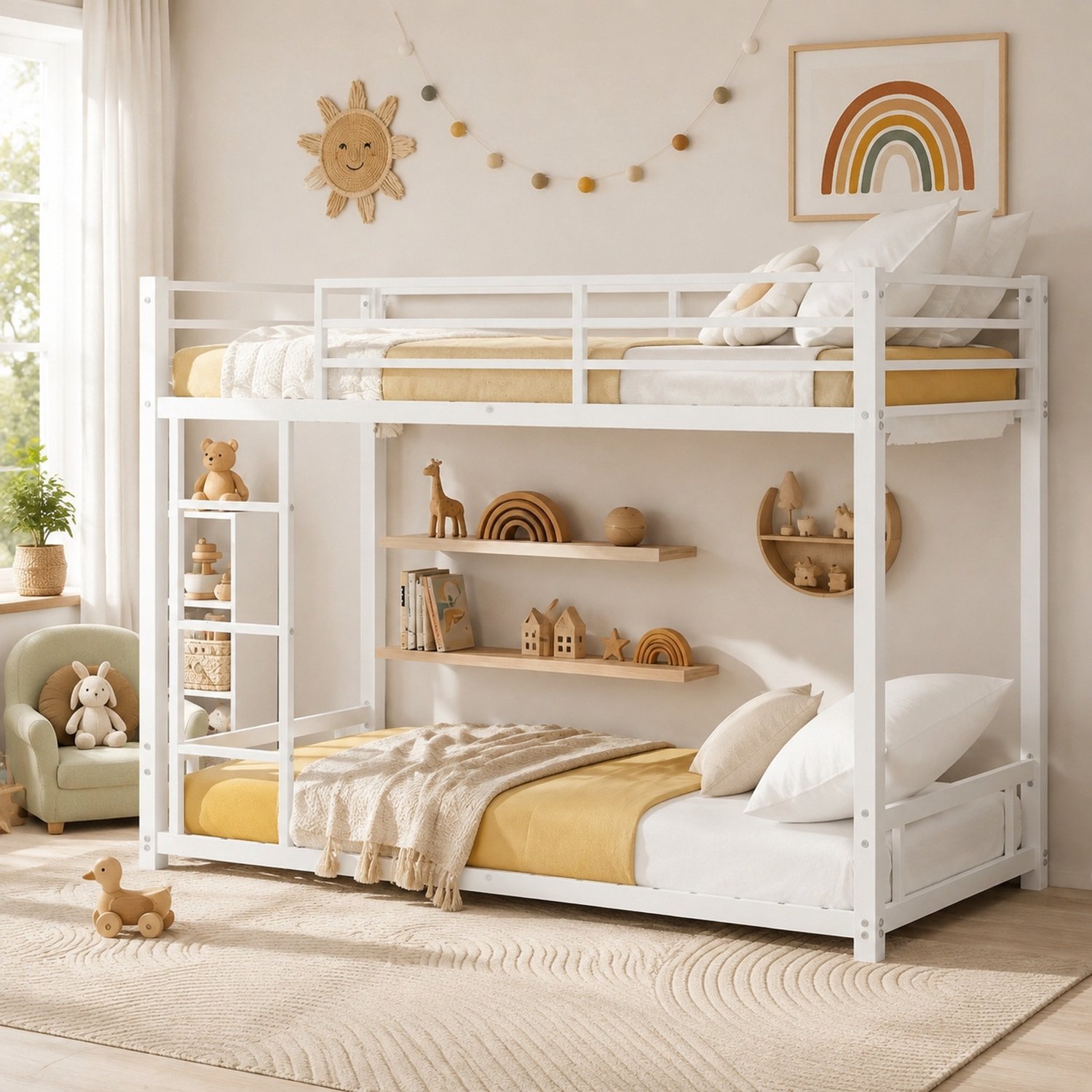 WUVRIE Metalen stapelbed 90x190 cm - Twee slaapplaatsen met ladder en veiligheidsreling - Wit