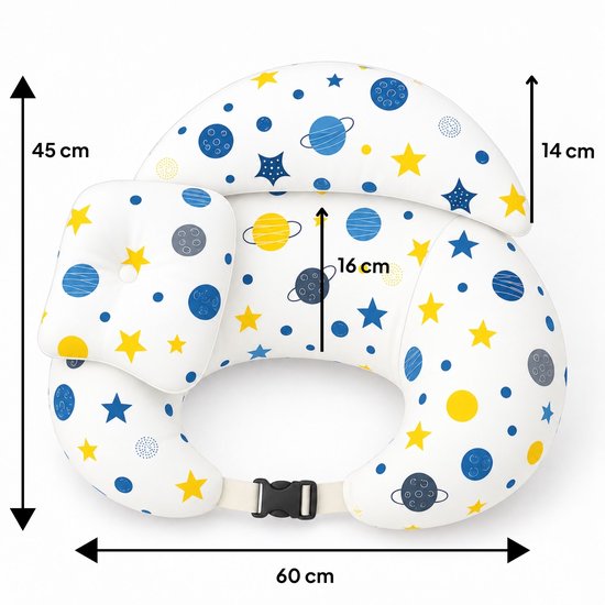 Voedingskussen met wit patroon van planeten en sterren in blauw en geel, inclusief verstelbare riem en afmetingen.