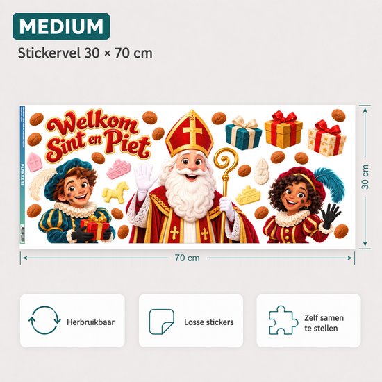 Stickervel 30x70cm met Sinterklaas, Pieten, strooigoed en cadeautjes voor op het raam.