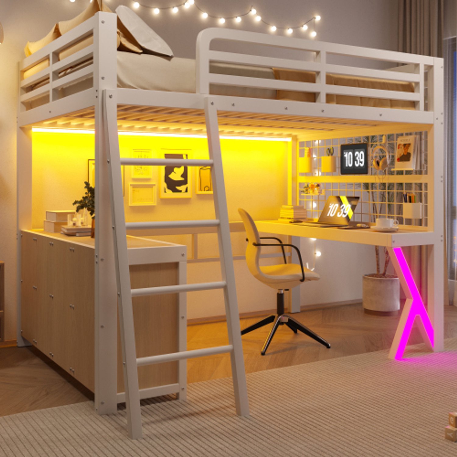 Zubaliya Witte Metalen Twijfelaar Hoogslaper 140x200 cm met Bureau & Opbergkast - Ruimtebesparende Hoogslaper met App LED & Veiligheidsrail - Wit
