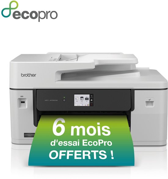 Brother MFC-J6760DW A3-printer in wit met een zwart bedieningspaneel en '6 maanden gratis EcoPro-proefversie'.