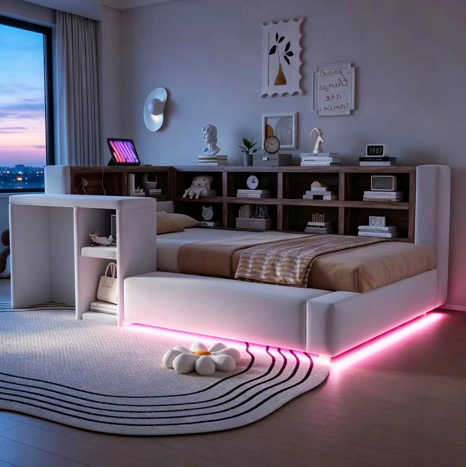 Wishdor Eenpersoonsbed 90x200 cm - Gestoffeerd hoofdbord met open opbergvakken - Verstelbare LED-verlichting en stopcontacten - Zijtafel en zitbank - Fluweel en MDF - Lichtgrijs