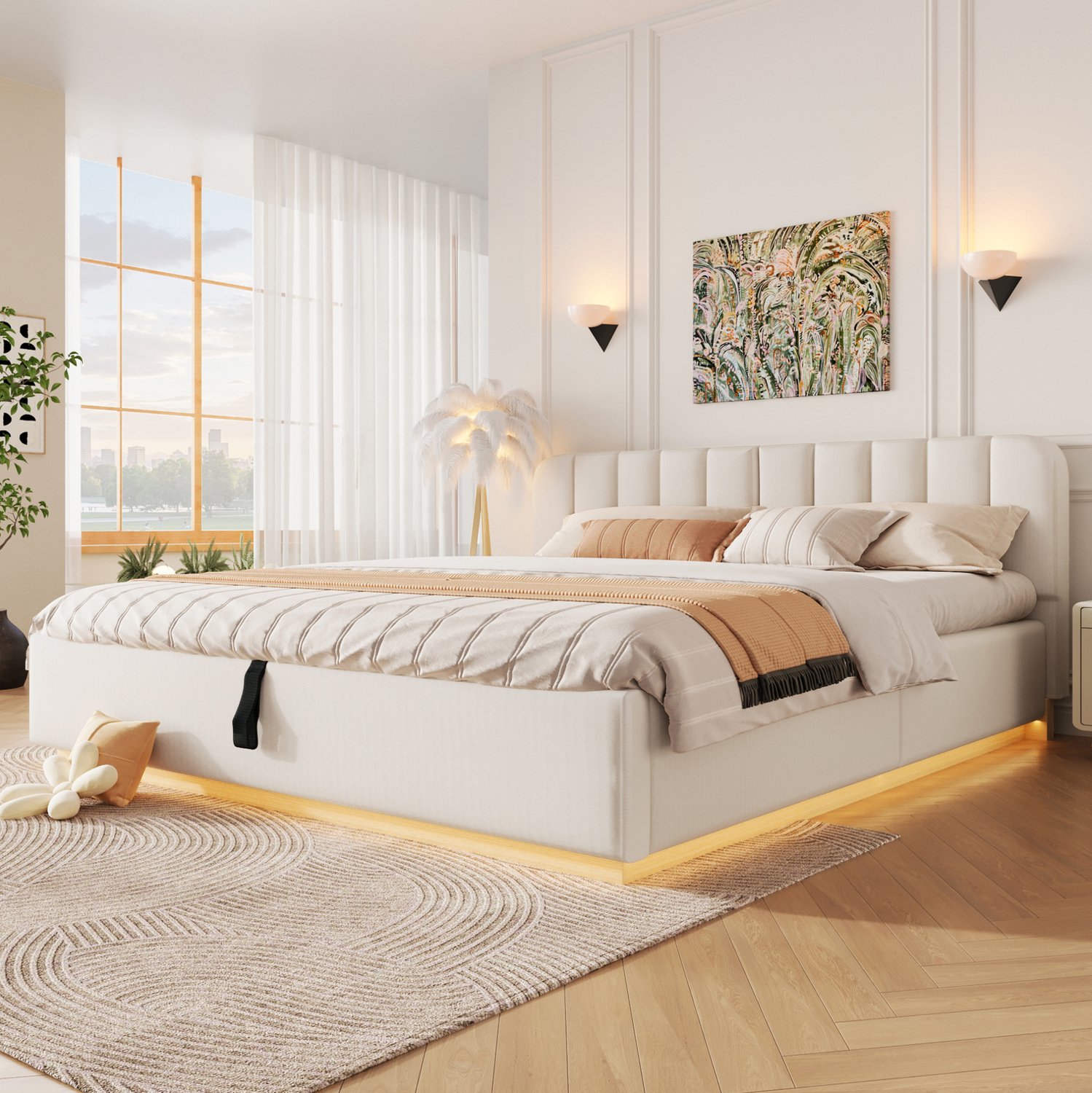 OKWISH Gestoffeerd Bed 180 x 200 cm - Tweepersoonsbed met Lattenbodem - Hydraulische Opbergruimte en Ledverlichting - Zonder Matras - Beige