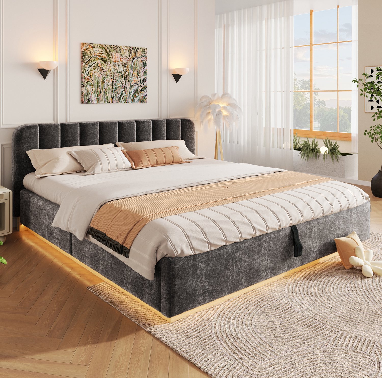 OKWISH Gestoffeerd Tweepersoonsbed 180 x 200 cm - met Lattenbodem en Verlichting - Hydraulische Opbergruimte - Chenille - Antraciet - Zonder Matras