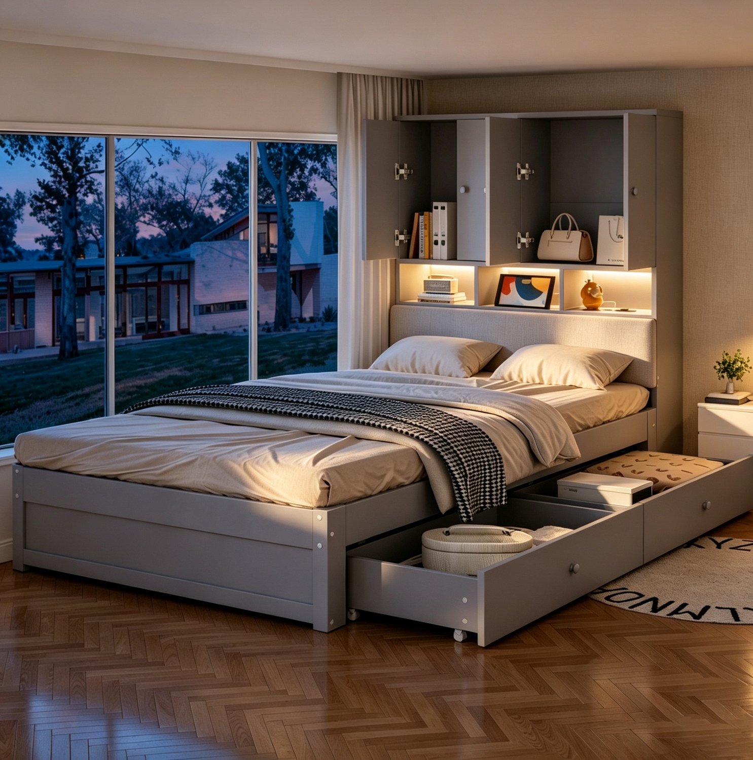 Wishdor Eenpersoonsbed 90x200 cm - Met twee verplaatsbare bedlades en opbergruimte in het hoofdbord - Met LED-verlichting en stopcontact - Gestoffeerde rugleuning en lattenbodem - Grijs