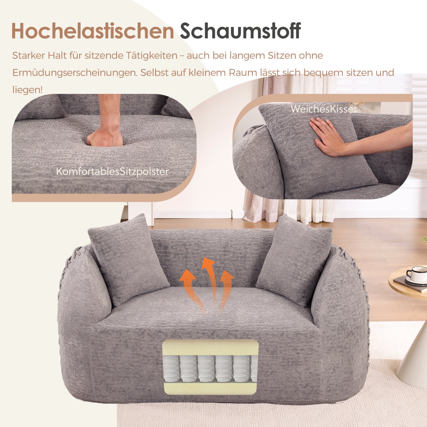 MIVRAY Zitbank 155 x 90 x 67 cm - Gebogen Tweezitsbank met Twee Sierkussens - Voor Woonkamer en Slaapkamer - Chenille - Grijs Lichtgrijs