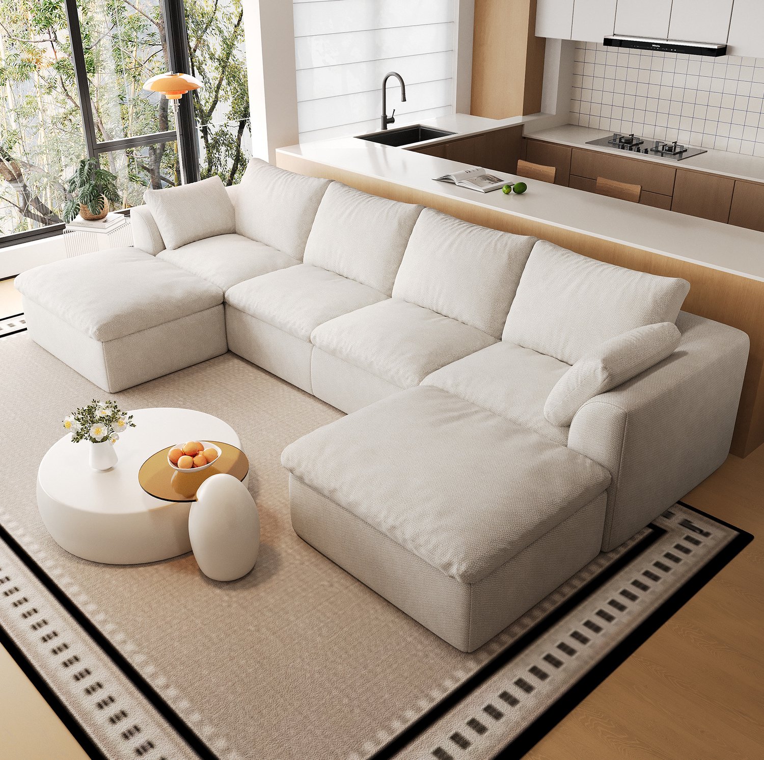 MIVRAY U-bank 310 x 155 x 83 cm - 6-Zits met Zachte Zit en Veerkrachtig Schuim - Voor de Woonkamer - Linnen - Beige en Wit Beige-wit